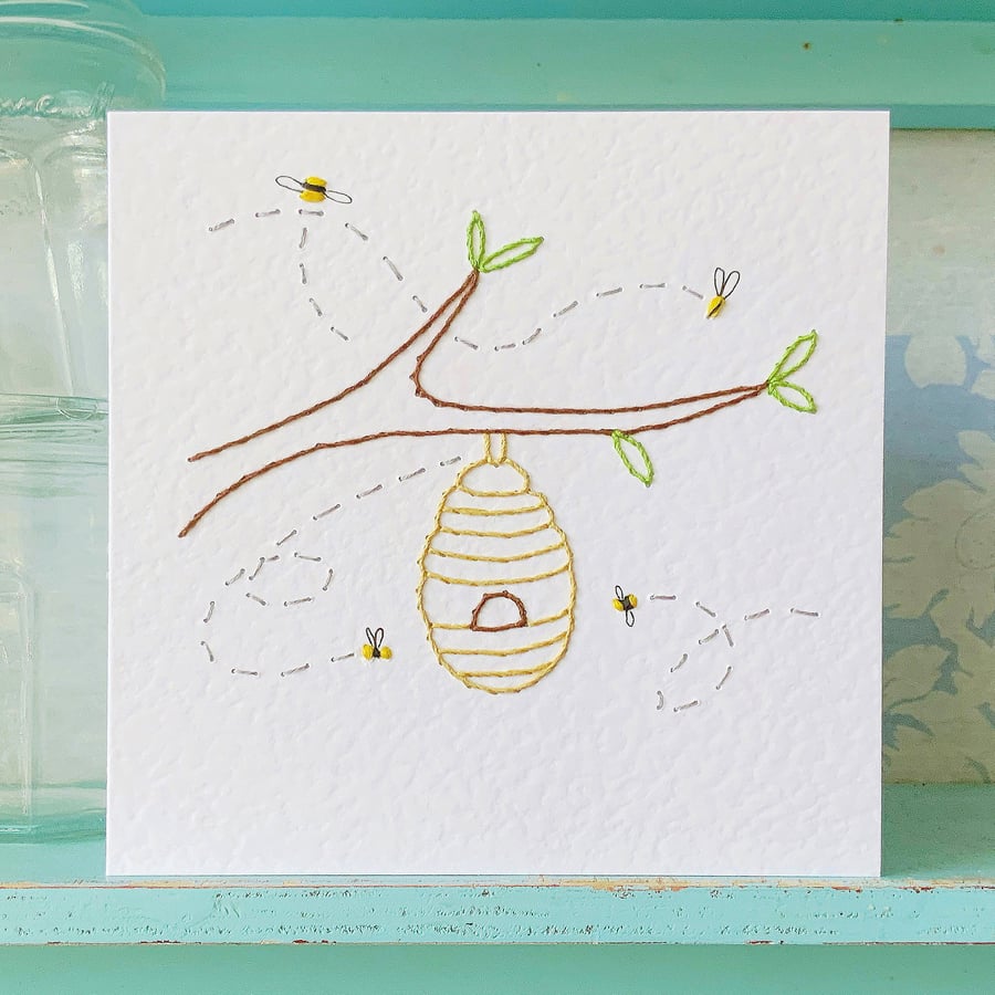 Hand Sewn Beehive Card. Bees. Hand Stitched Card. Embroidered Cards.