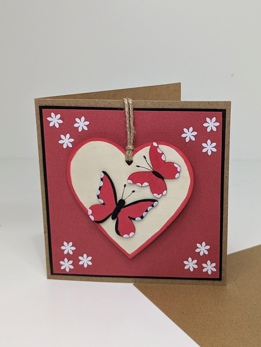Butterfly handmade card with detachable wooden heart keepsake decoration 