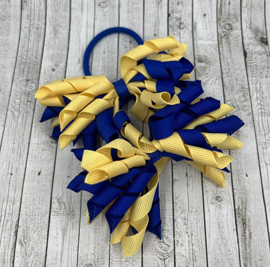 3 inch Cobalt Blue and Pale Yellow Curly Corkers on Elastics (pair)