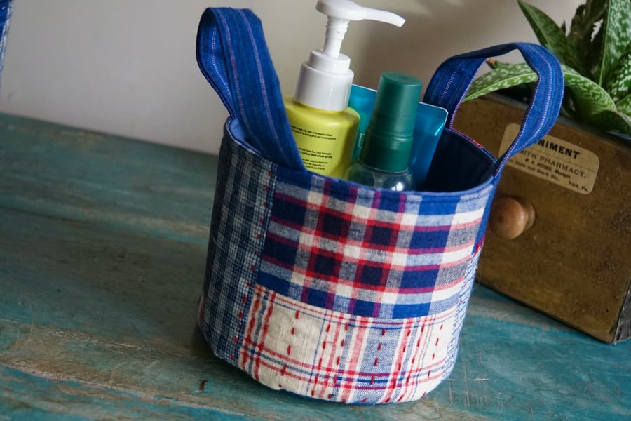 Storage Basket Round Fabric Basket Handmade Vintage Fabric Basket