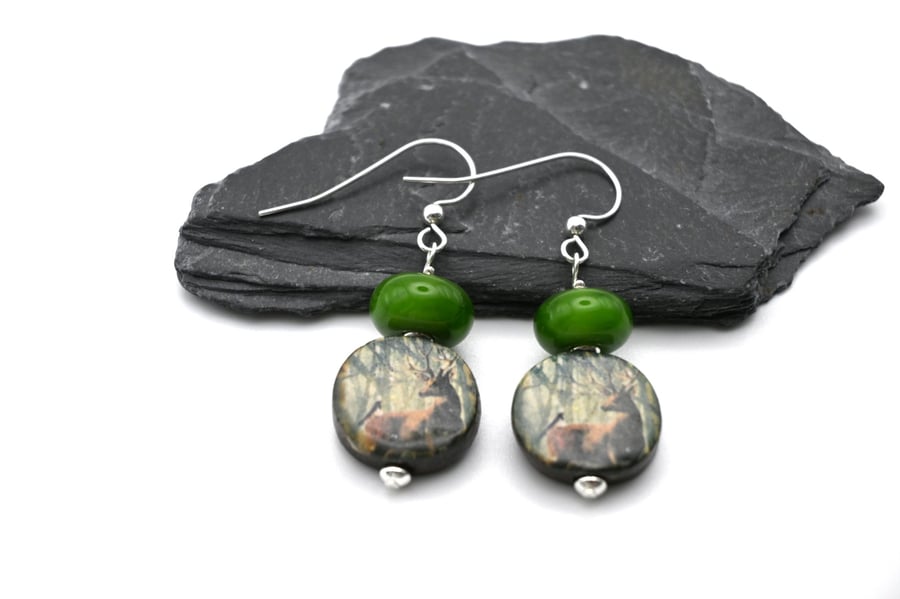 green glass and ceramic stag earrings