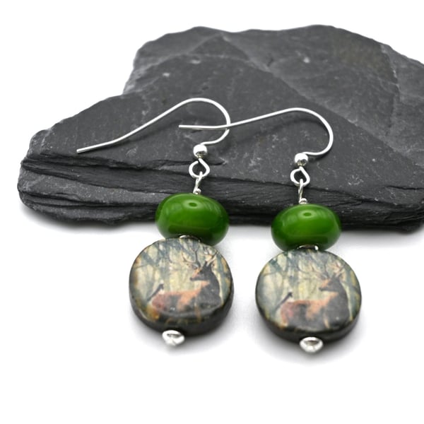 green glass and ceramic stag earrings