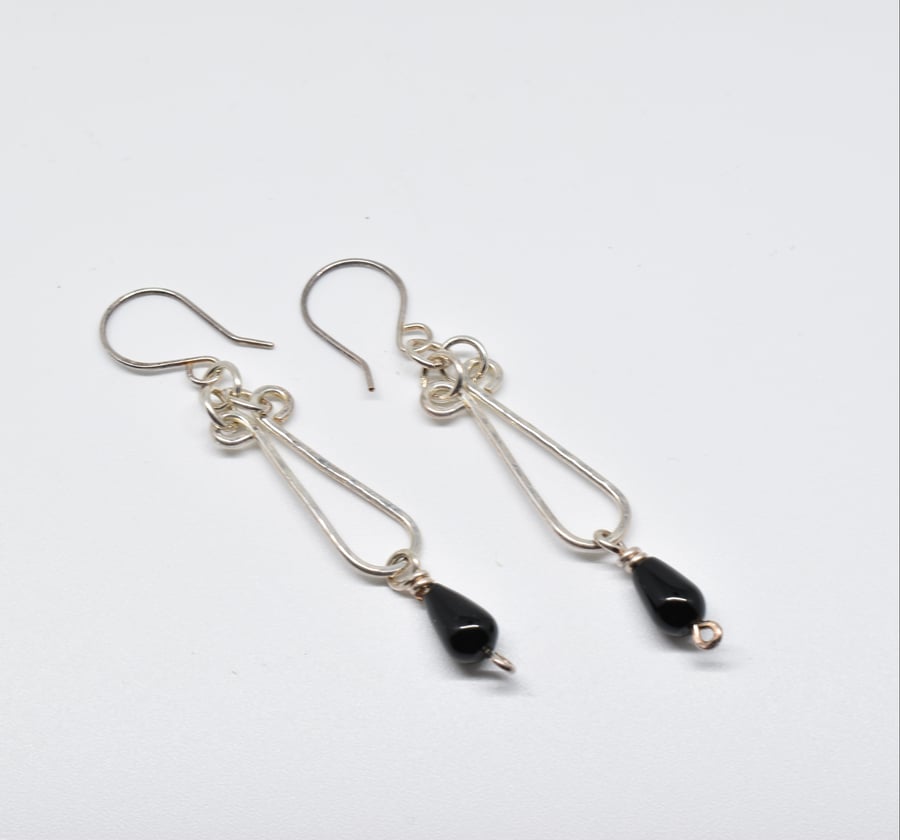 Wire Wrapped Black Agate and Silver Filled Long Drop Earrings
