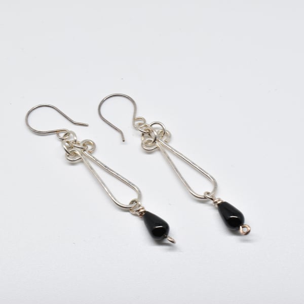 Wire Wrapped Black Agate and Silver Filled Long Drop Earrings