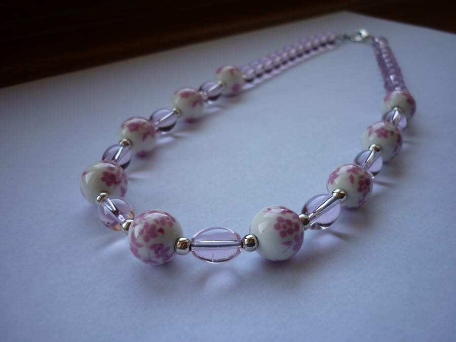 PINK, WHITE AND SILVER - PORCELAIN BEAD NECKLACE.