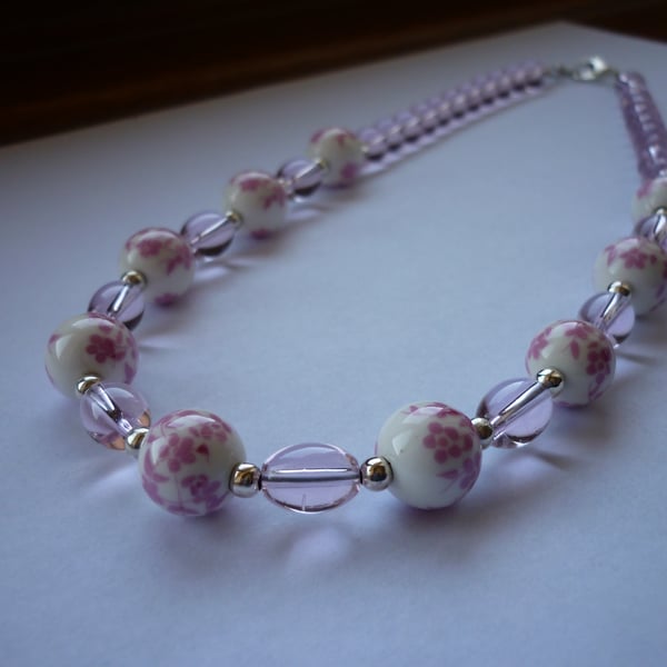 PINK, WHITE AND SILVER - PORCELAIN BEAD NECKLACE.