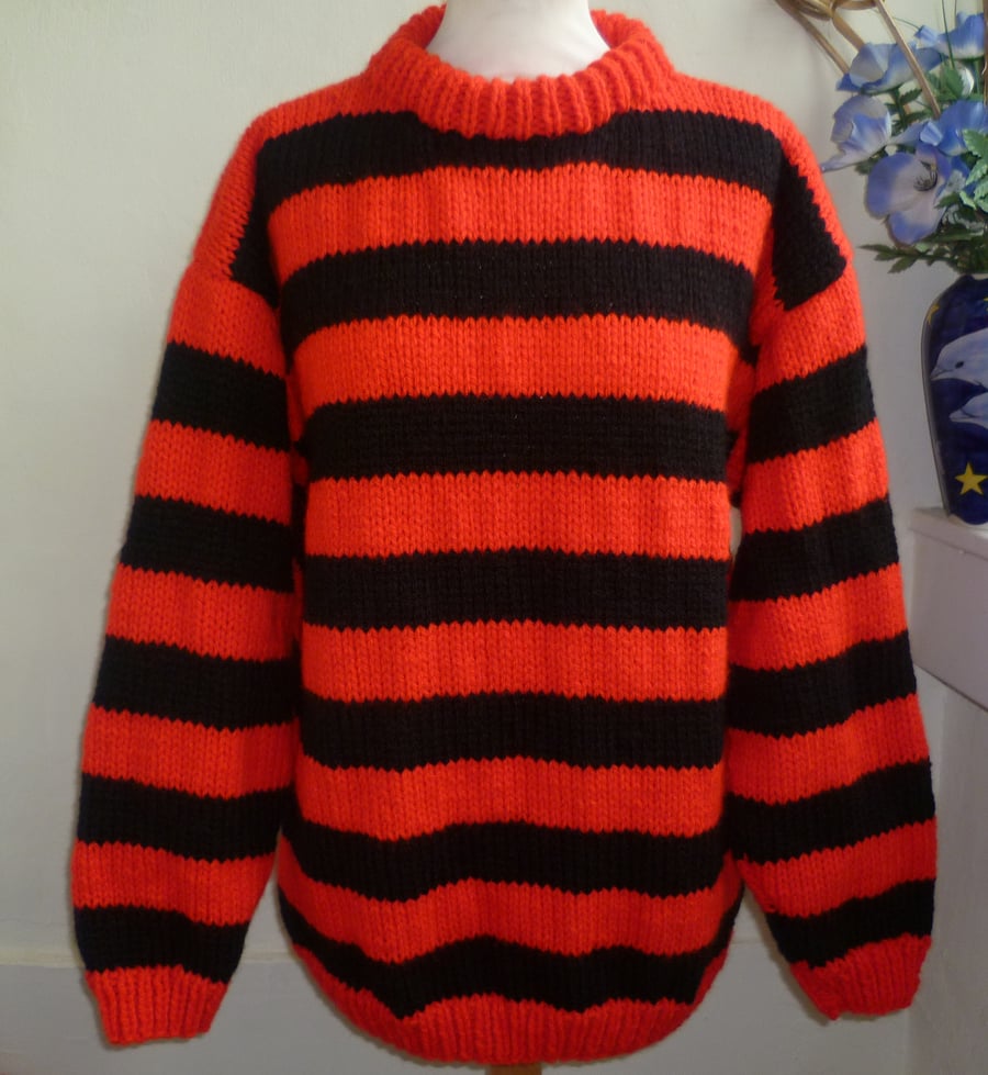 Dennis the Menace style hand knitted red and black stripey jumper