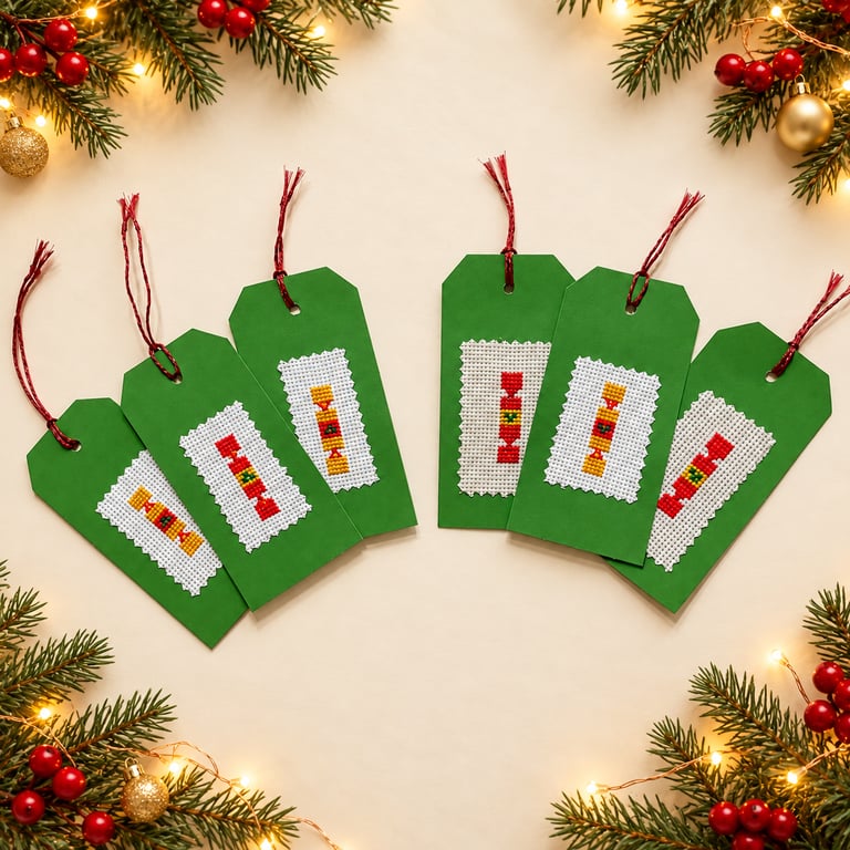 Six Large Handmade Cross-Stitch Christmas Gift Tags – Festive Crackers