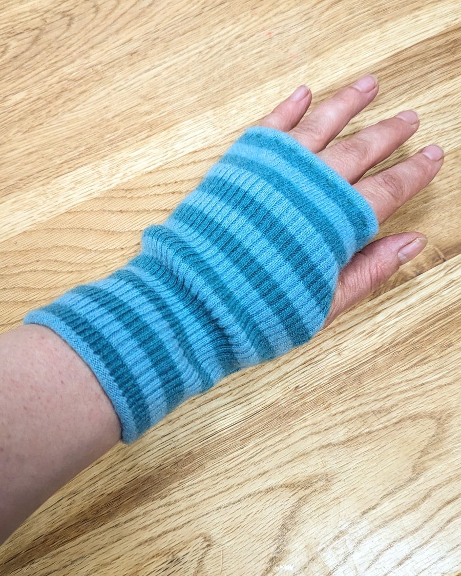 Stripey Teal Turquoise & Light Blue Wrist Warmers Upcycled from Lambswool Cardi