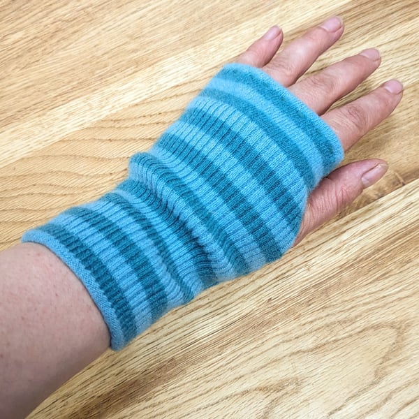 Stripey Teal Turquoise & Light Blue Wrist Warmers Upcycled from Lambswool Cardi