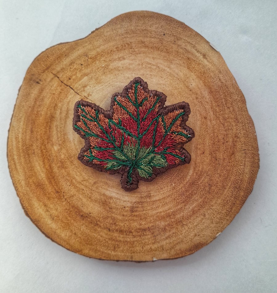 Hand embroidered Autumn Leaf Metallic Brooch 