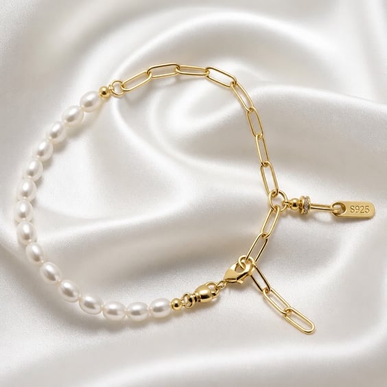 Elegant Adjustable Half Pearl, Half Chain Bracelet