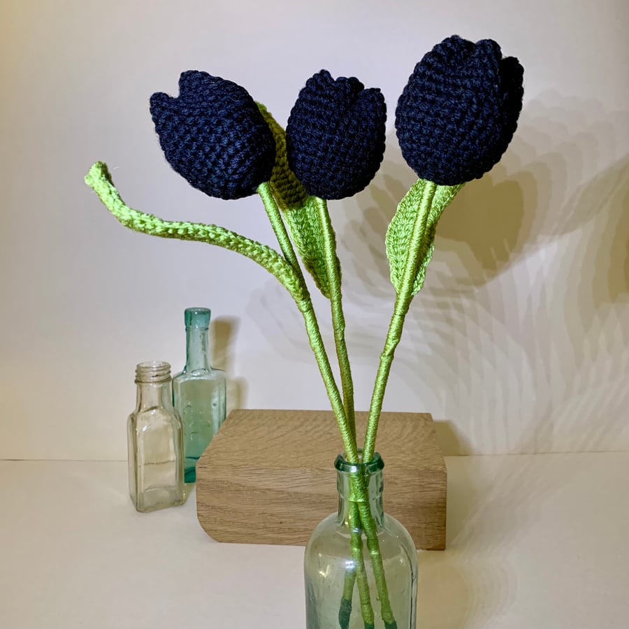  Black crochet tulips, gift for goths, forever flowers