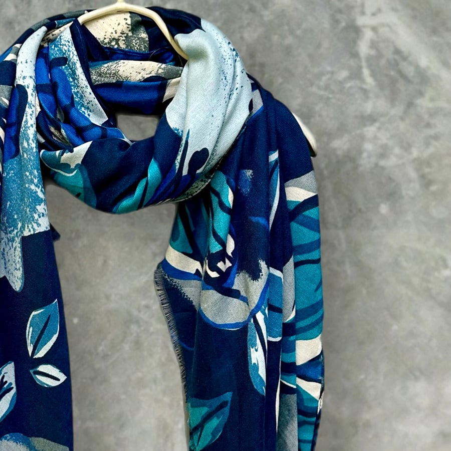 Blue Scarf Featuring Geometric Large Flowers Cotton Blend Scarf for Women.