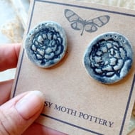 Grey flower print ceramic button earrings on surgical steel posts