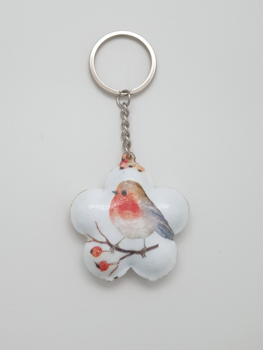 Robin keyring, bird keyring, decoupaged bird lover gift 