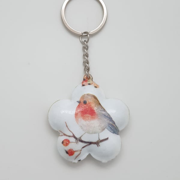 Robin keyring, bird keyring, decoupaged bird lover gift 