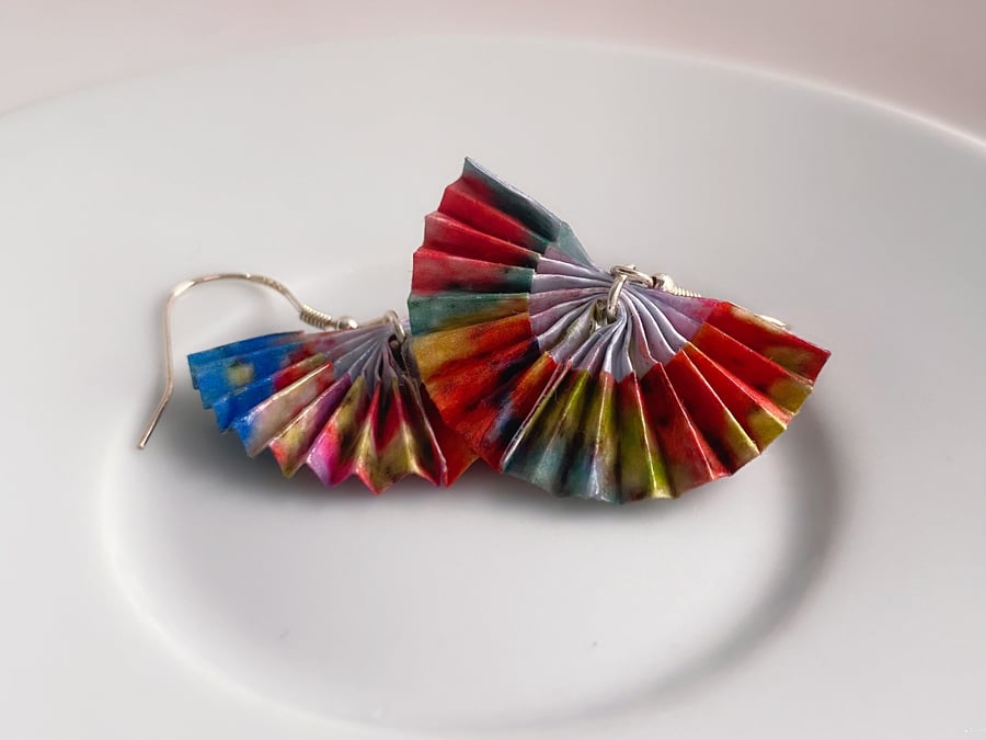 Origami Fan Earrings, Paper Fan Carp Earrings, Rainbow Earrings, Multicolor Earr