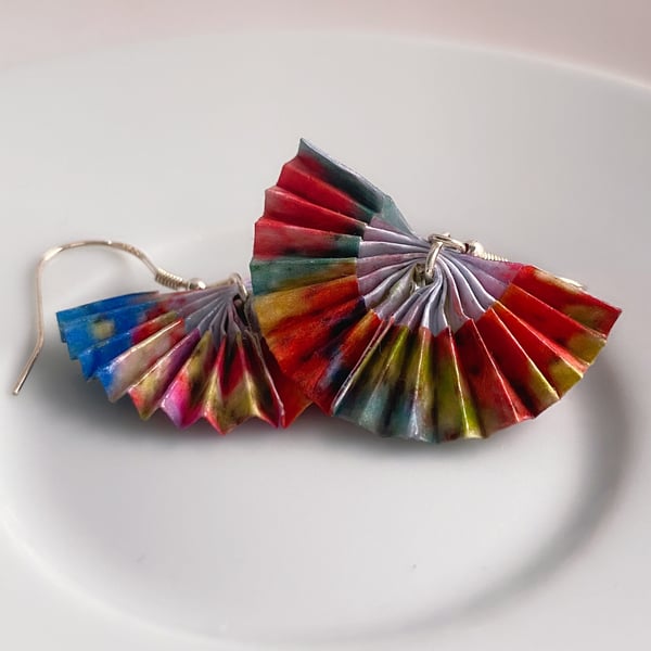 Origami Fan Earrings, Paper Fan Carp Earrings, Rainbow Earrings, Multicolor Earr