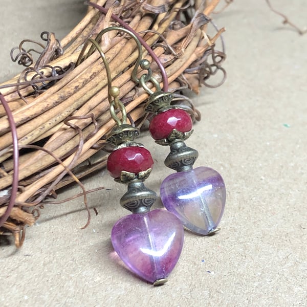 Fluorite heart and ruby earrings