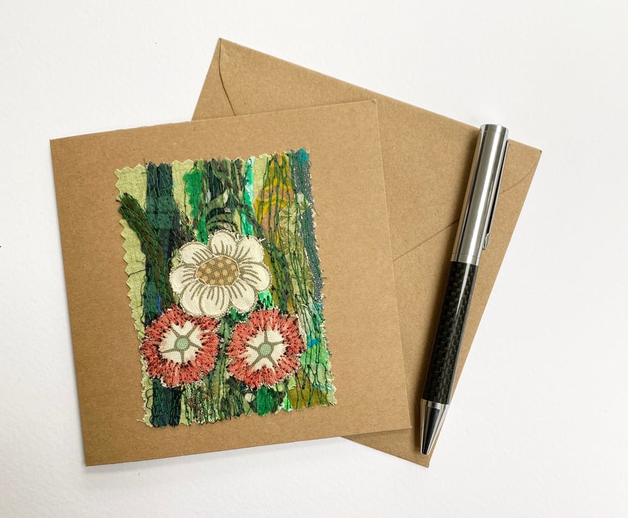 Up-cycled embroidered flower garden card. 