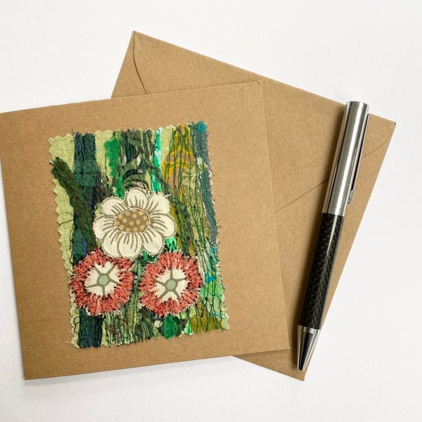 Up-cycled embroidered flower garden card. 
