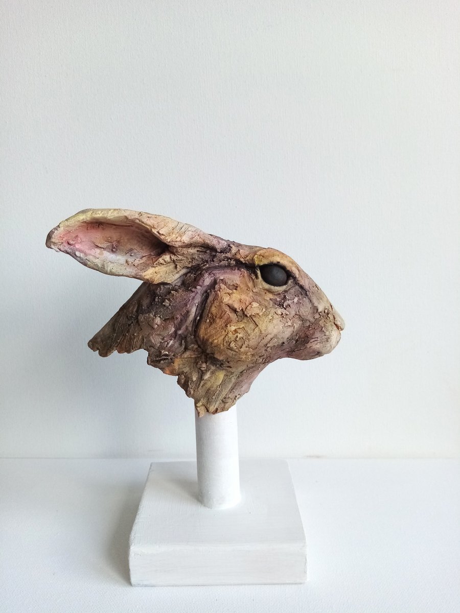 Ceramic hare head sculpture 