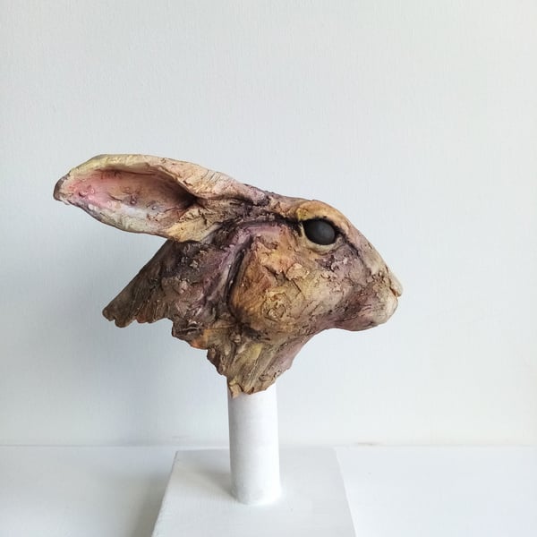Ceramic hare head sculpture 