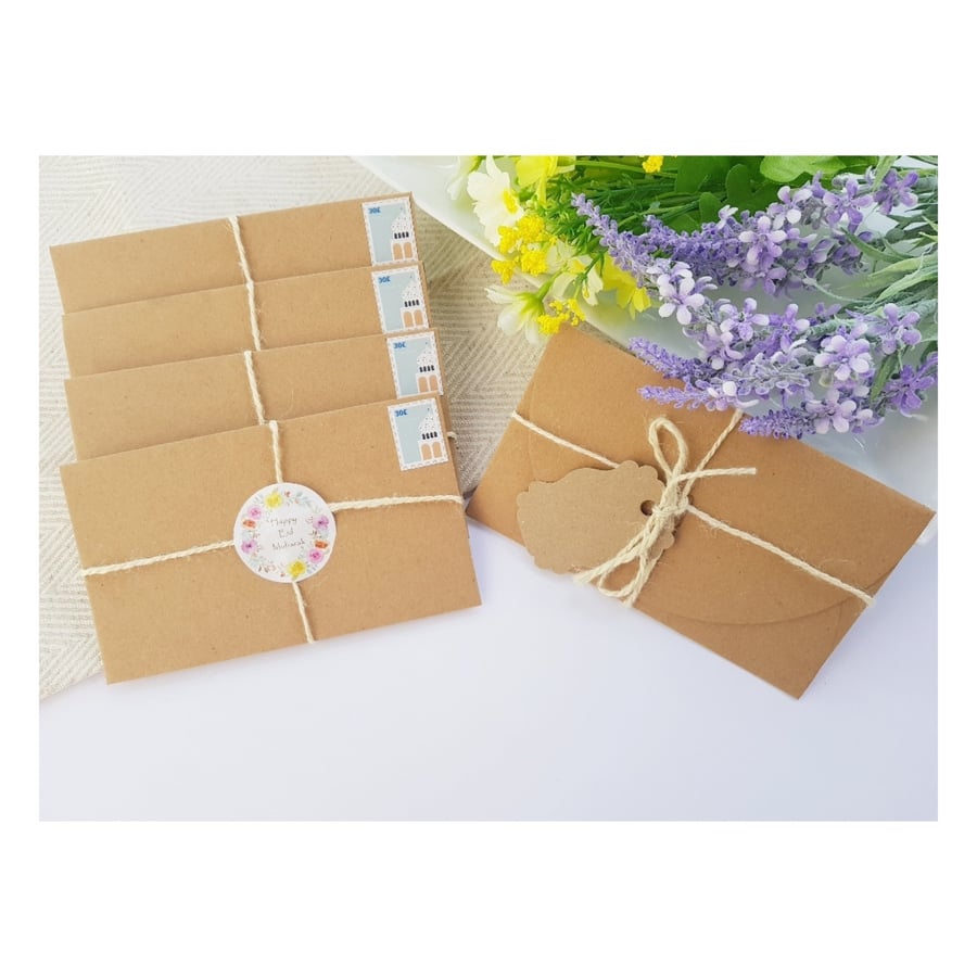 5 pieces of Eid Mubarak Eid Fitr Envelope Gifts with Tags and Jute Twine.