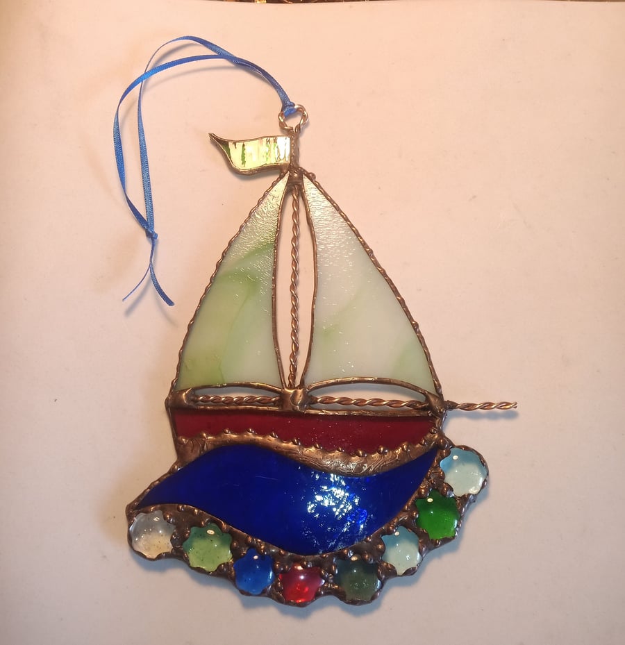 Stained Glass Sailing Boat Suncatcher Hanging Decoration 