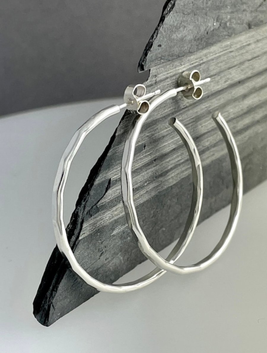 Silver Hoop Earrings - 2mm Sterling Silver Hammered-Faceted - Sizes 25-30-35mm