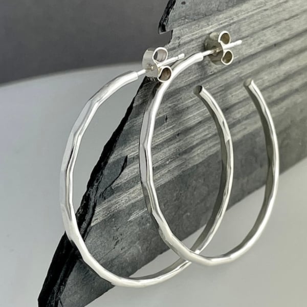 Silver Hoop Earrings - 2mm Sterling Silver Hammered-Faceted - Sizes 25-30-35mm