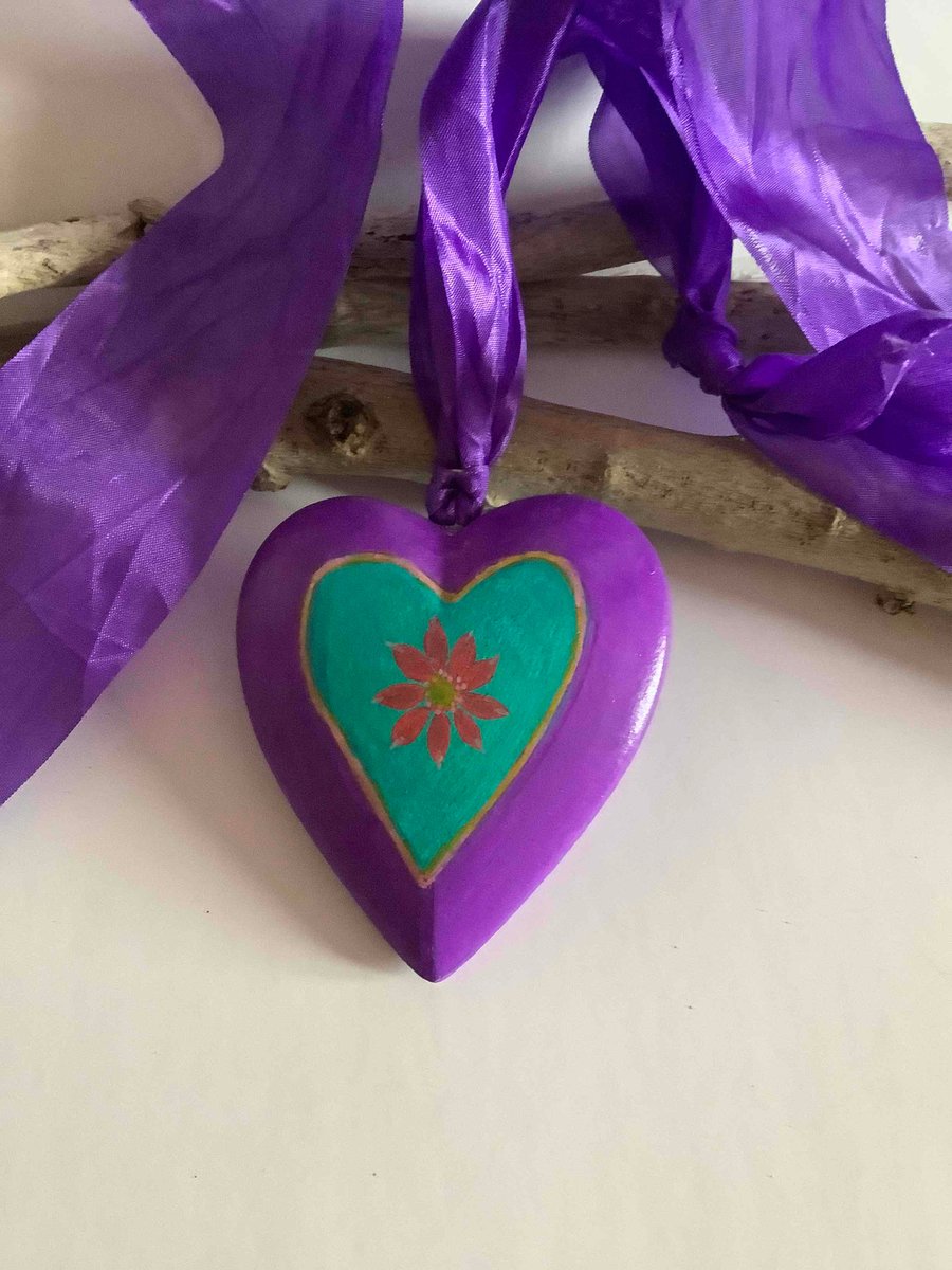 Purple and teal wooden heart