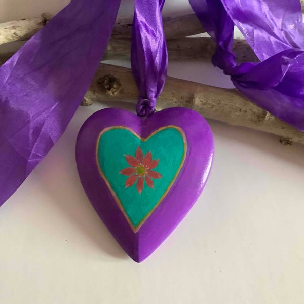 Purple and teal wooden heart