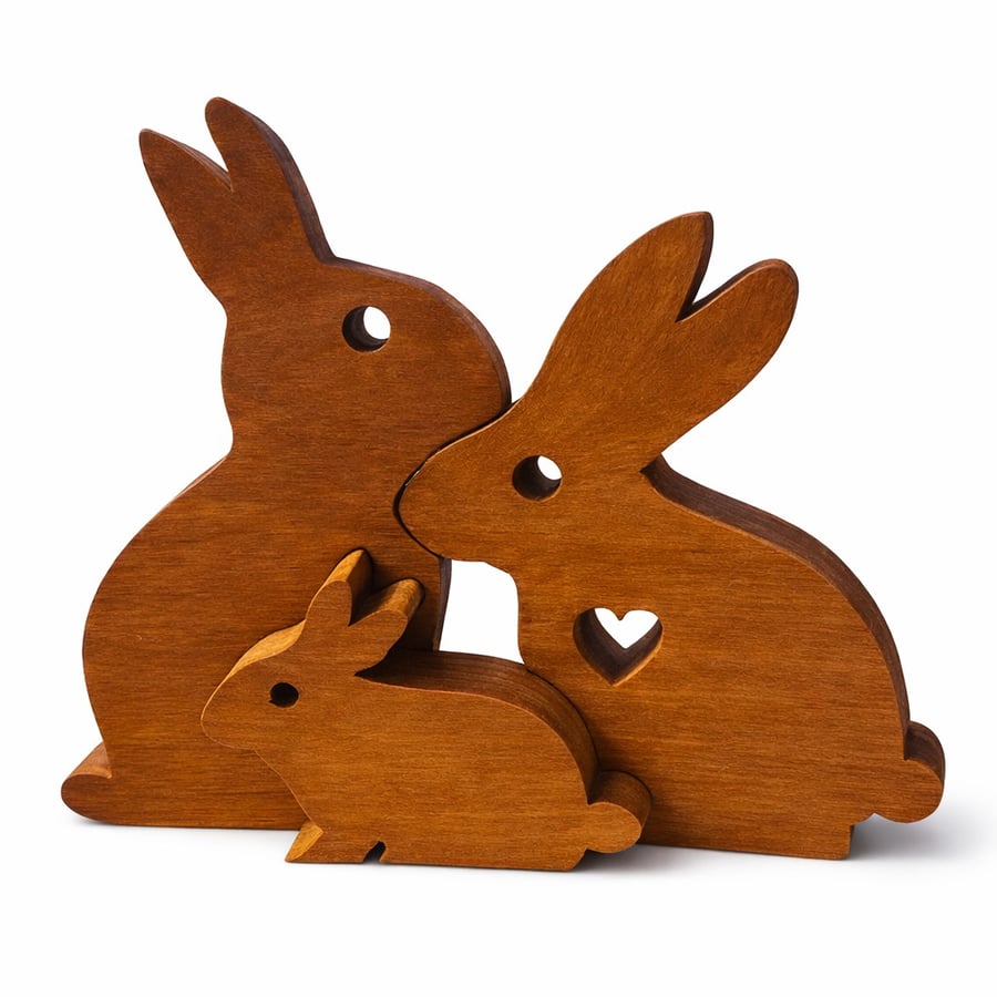 Nested Wooden Bunny Family – 18mm Teak Freestanding Decor