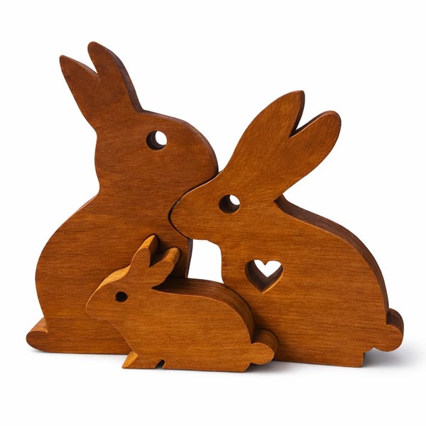 Nested Wooden Bunny Family – 18mm Teak Freestanding Decor