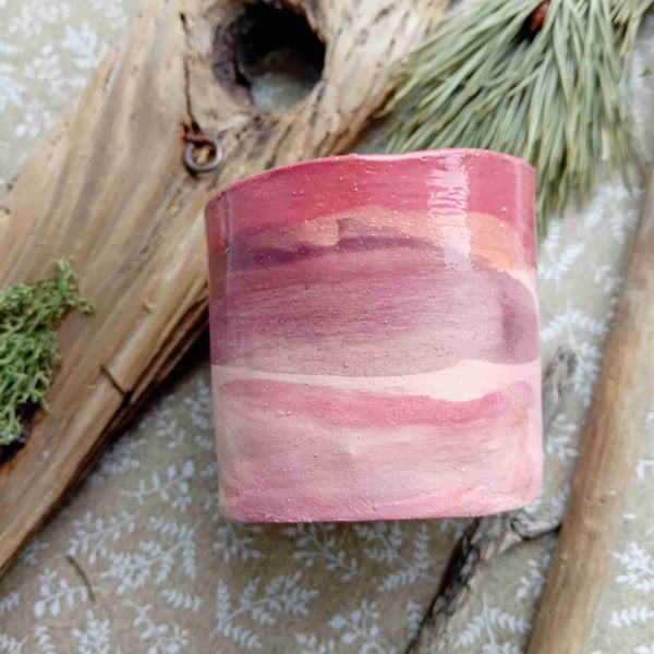 Small rustic mug,tea cup, water colour design peach purple no7 (no handle)