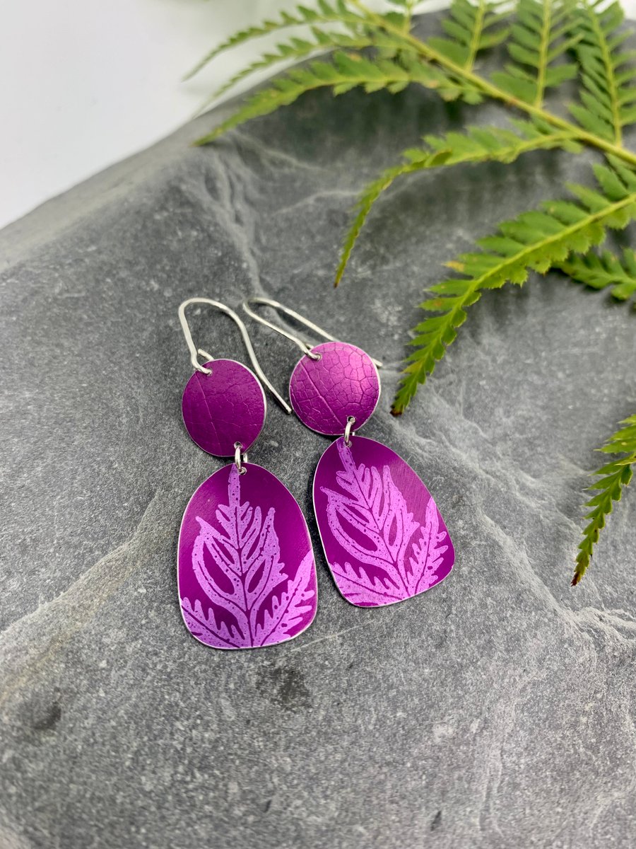 Dark pink fern aluminium earrings