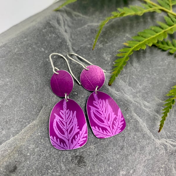 Dark pink fern aluminium earrings