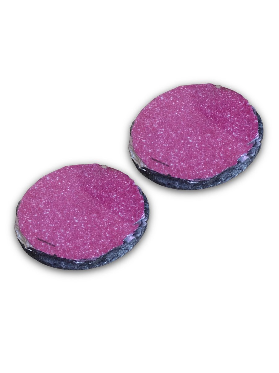 Pink Sparkly Glitter Effect Round Rock Slate Coasters Set Of 2. Coaster Gift 
