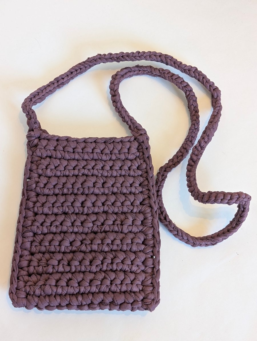 Handmade plum colour crochet crossbody bag made with t-shirt yarn 