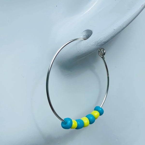Sterling Silver Hoop Earrings with Turquoise & Yellow Czech Glass Seed Beads