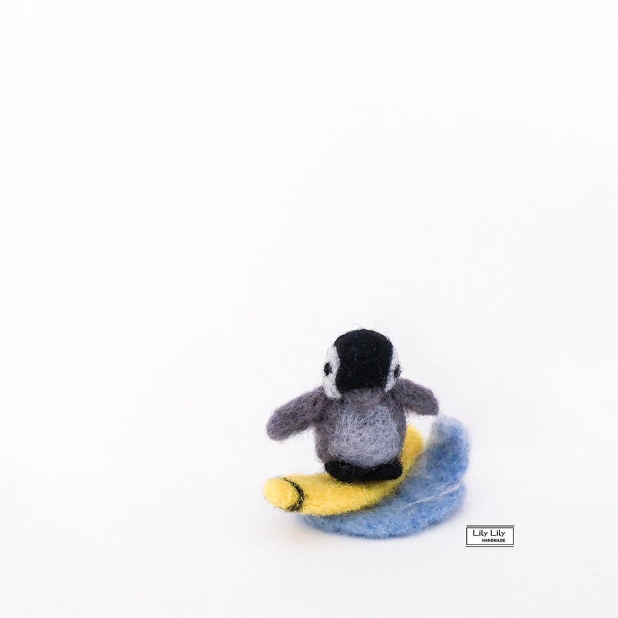 Baby penguin on a surfboard ornament, mascot needle felted by Lily Lily Handmade