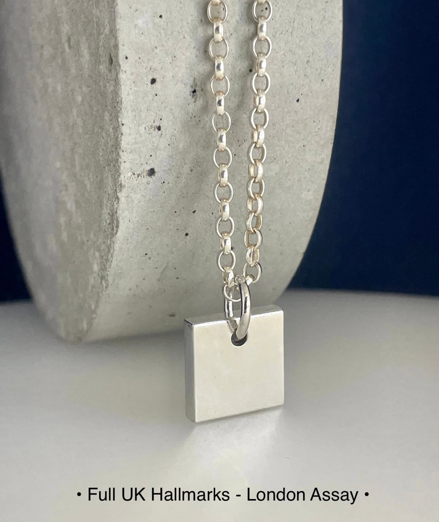 Sterling Silver Chunky Square Pendant Necklace - Plain-Smooth 16-24 Inches