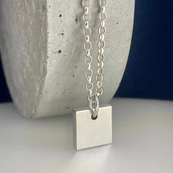 Sterling Silver Chunky Square Pendant Necklace - Plain-Smooth 16-24 Inches