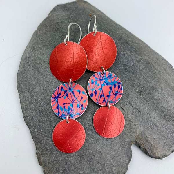 Statement anodised aluminium 3 circle dangly earrings in red