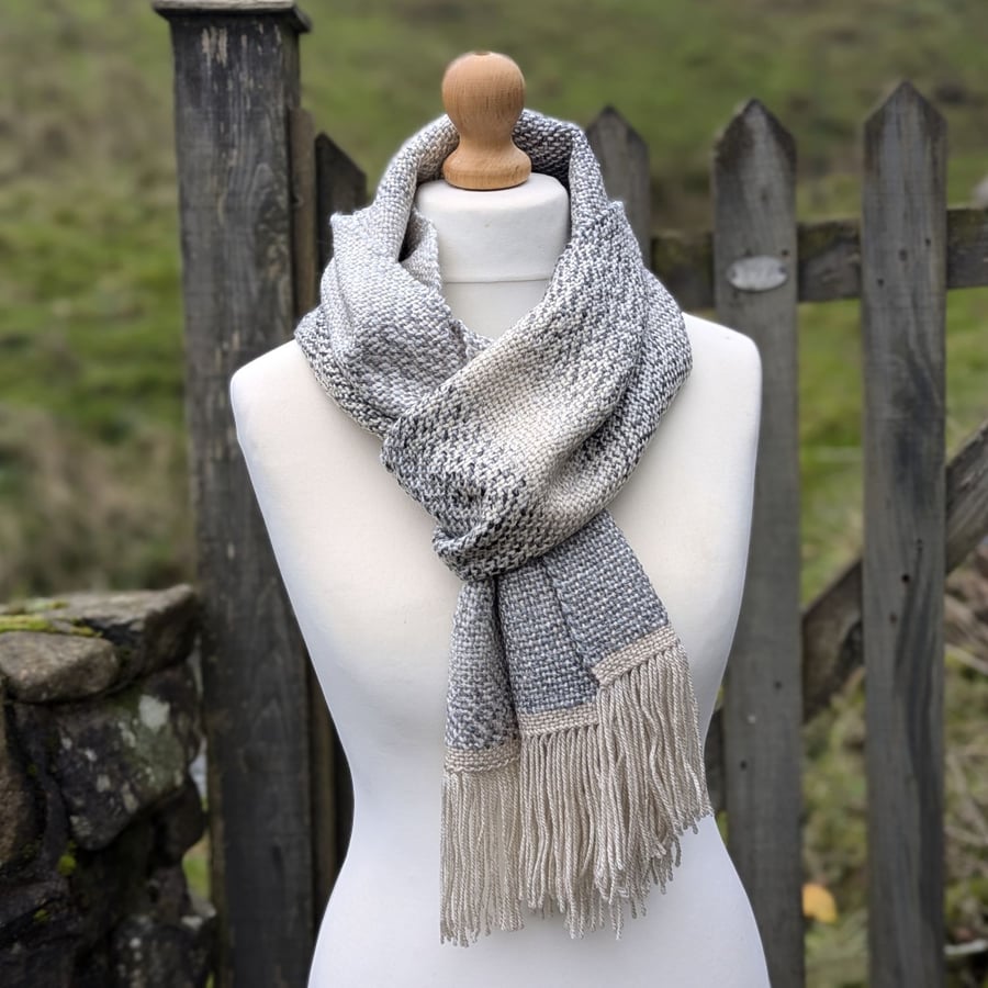 Grey and beige scarf, handwoven scarf