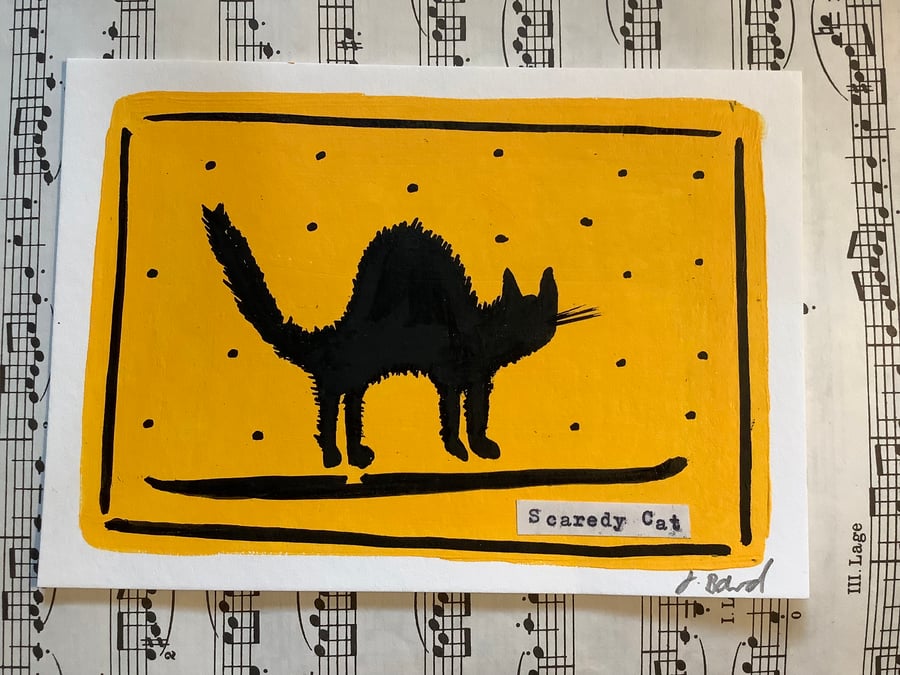 Original art. Black cat painting. Postcard. Scaredy-cat. Unique. Quirky, colour