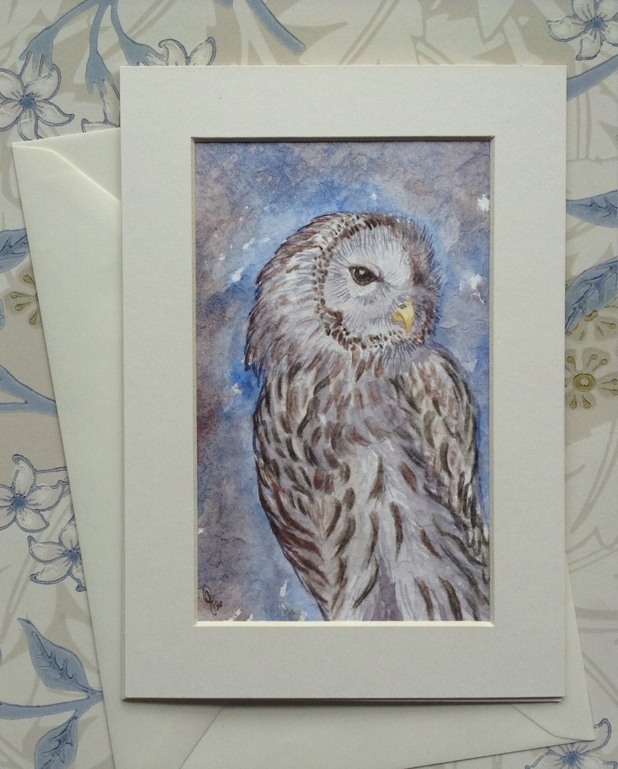 Hand painted greetings card 'Ural Owl'