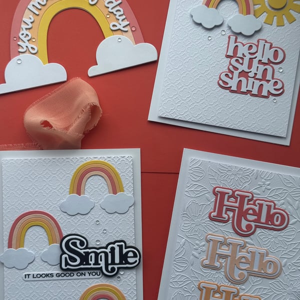 Fun colourful set of four cards. You can buy separately. Hello cards